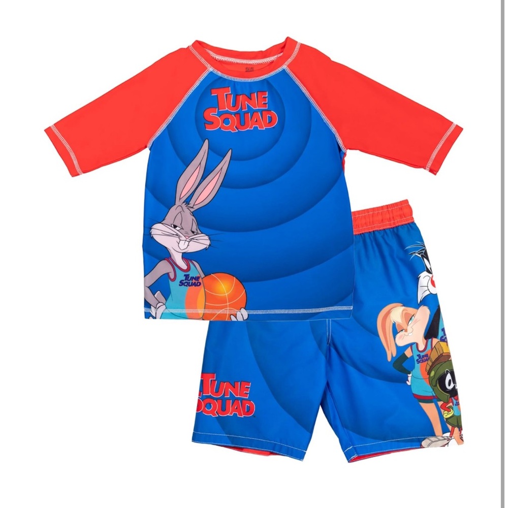 New Boys Space Jam Looney Tunes Space Rash Guard Swim Shirt & Trunks, size 5
